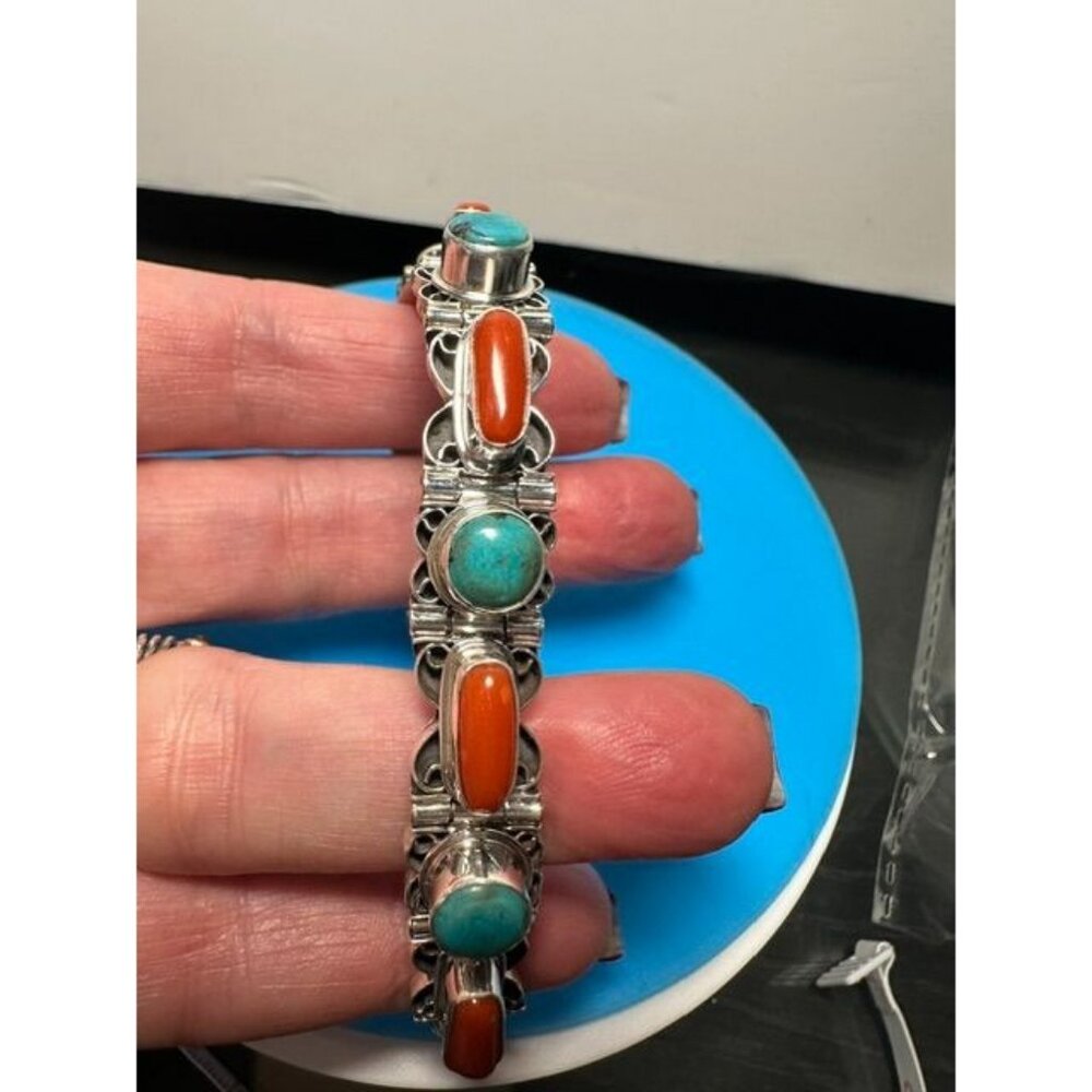 Sterling Silver Turquoise and Coral Bracelet. 43 grams